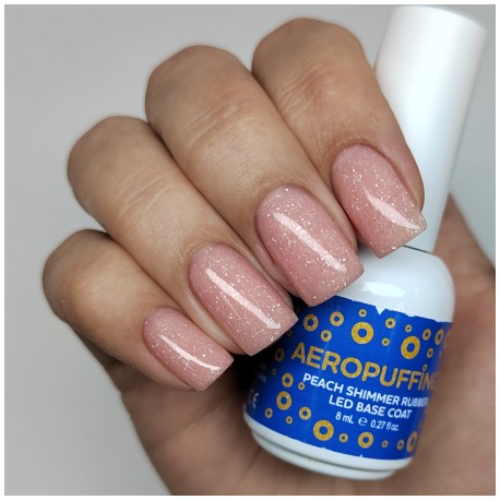 Aeropuffing, база каучуковая персиковая с шиммером Peach Shimmer Rubber LED Base Coat, 8 мл.